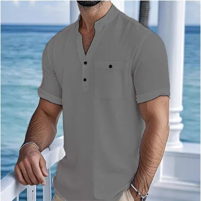 Men's light blue linen short-sleeve shirt with a stand collar and loose pullover fit