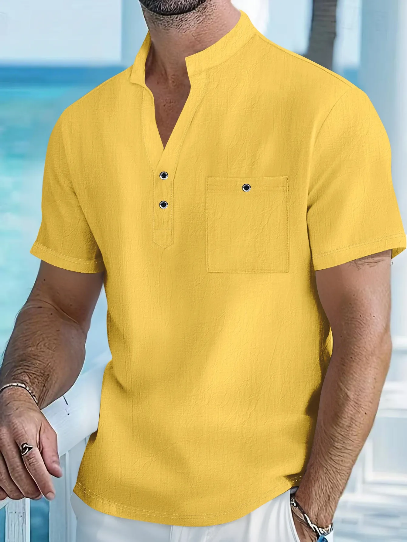 Men's light blue linen short-sleeve shirt with a stand collar and loose pullover fit