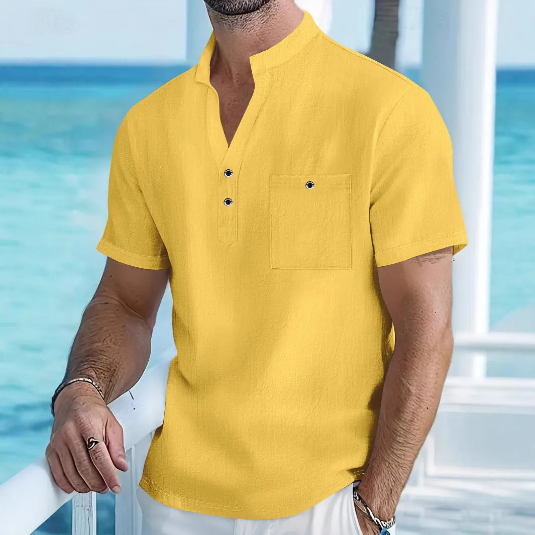 Men's light blue linen short-sleeve shirt with a stand collar and loose pullover fit