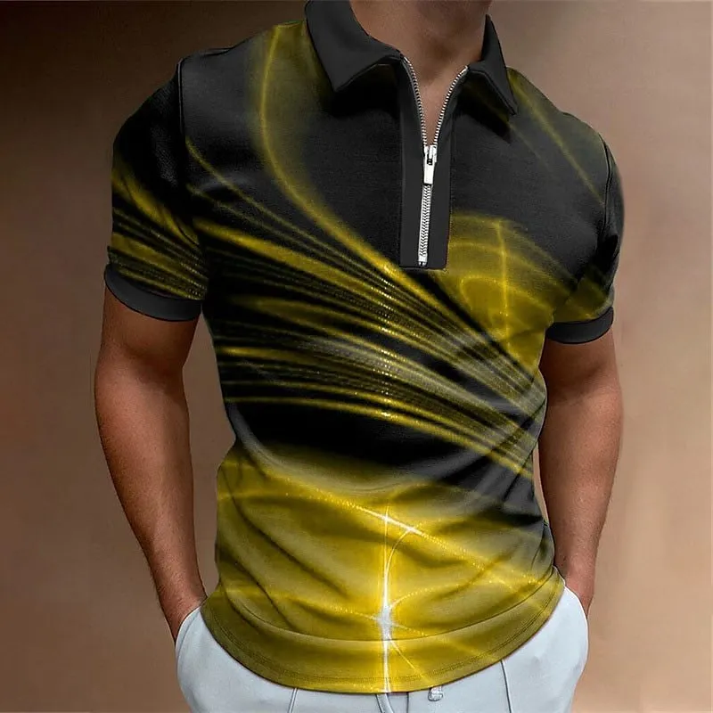 Men's blue lapel collar zipper polo shirt with short sleeves and printed design in bird eye polyester fabric