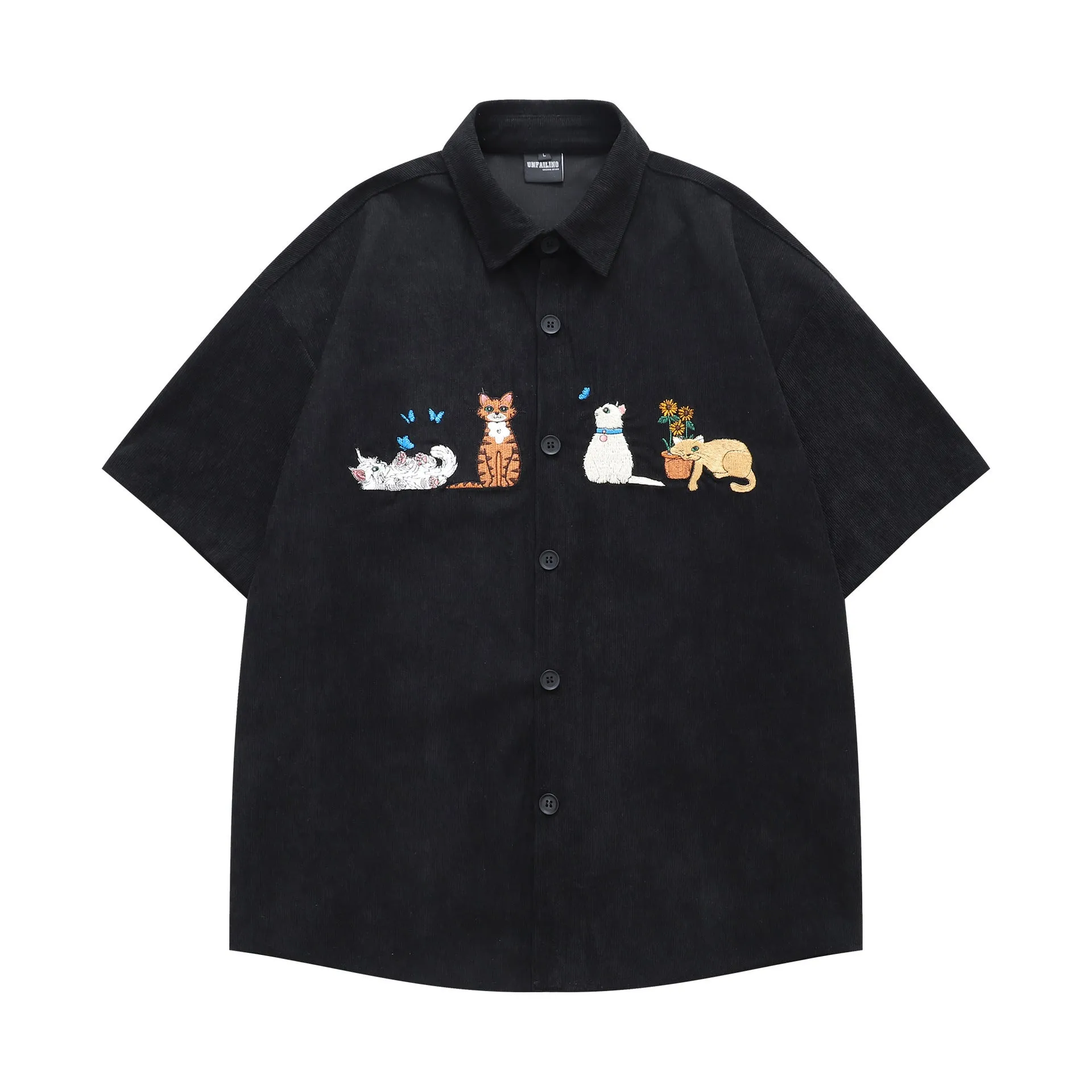 Loose apricot cardigan shirt with cartoon embroidery detail on the front
