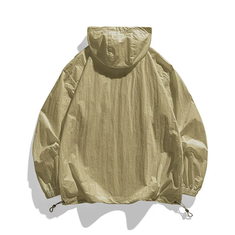 Lightweight beige hooded couple's sun protection jacket made from Lycra spandex fabric.