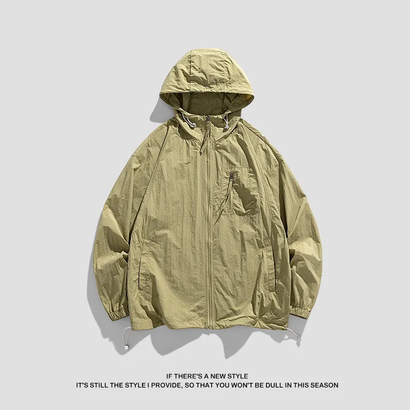 Lightweight beige hooded couple's sun protection jacket made from Lycra spandex fabric.