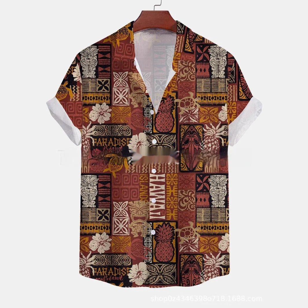 Man wearing a loose-fit floral print short-sleeved casual shirt in polyester.
