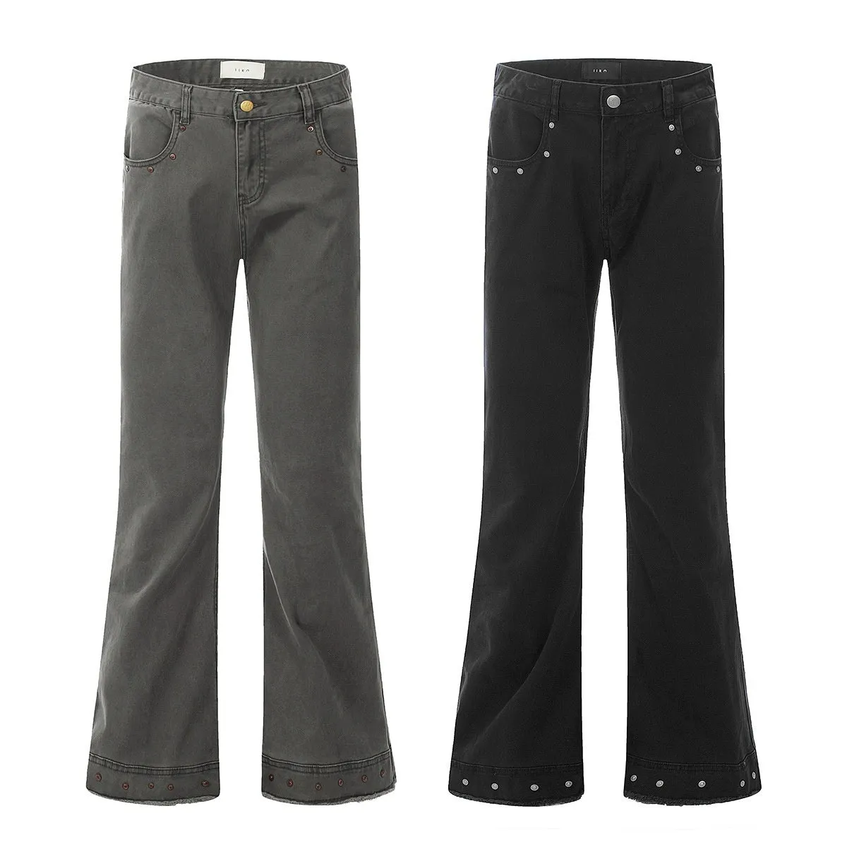 Straight-leg cotton jeans on a hanger, showing mid-waist fit, zipper fly, and horn-style leg opening.