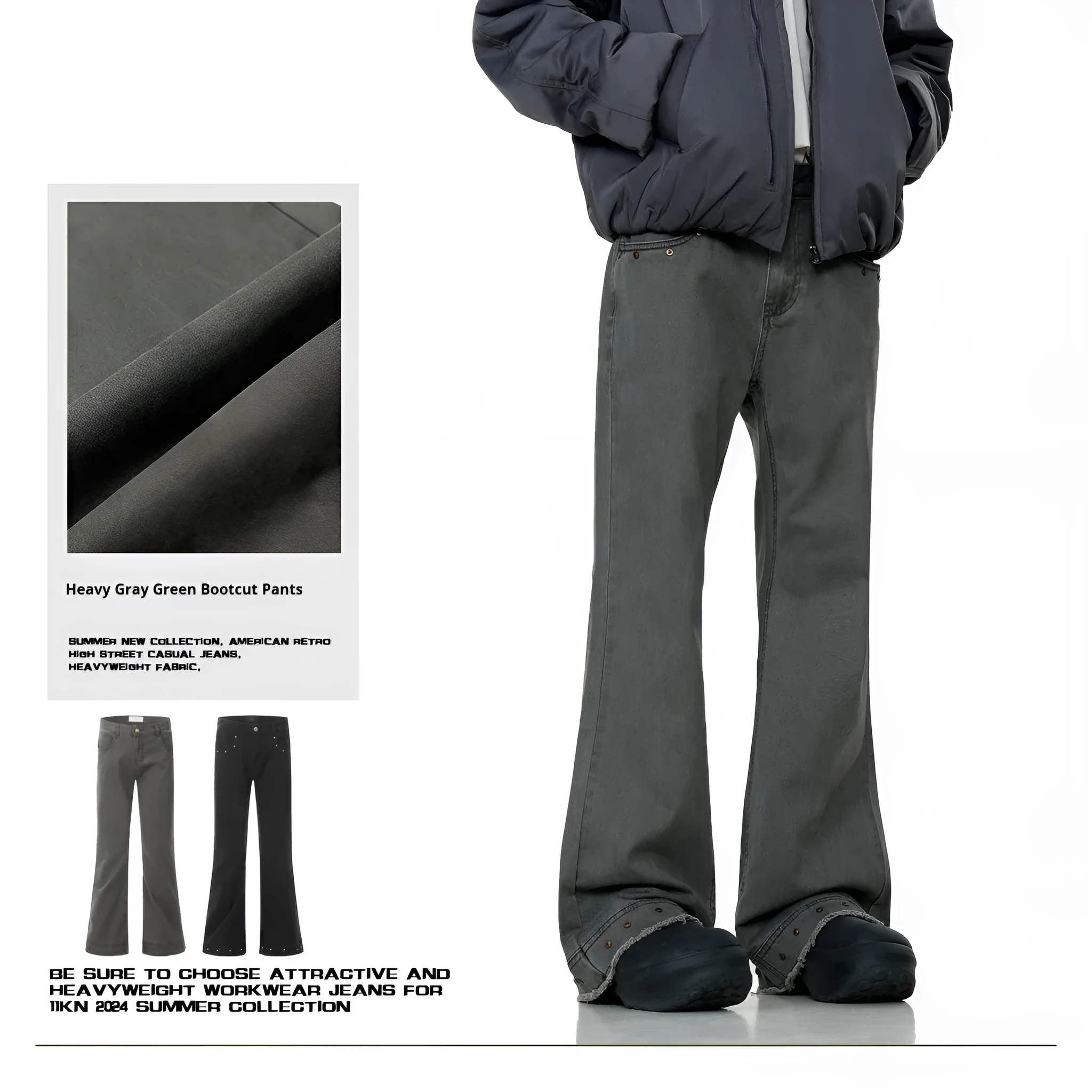 Straight-leg cotton jeans on a hanger, showing mid-waist fit, zipper fly, and horn-style leg opening.