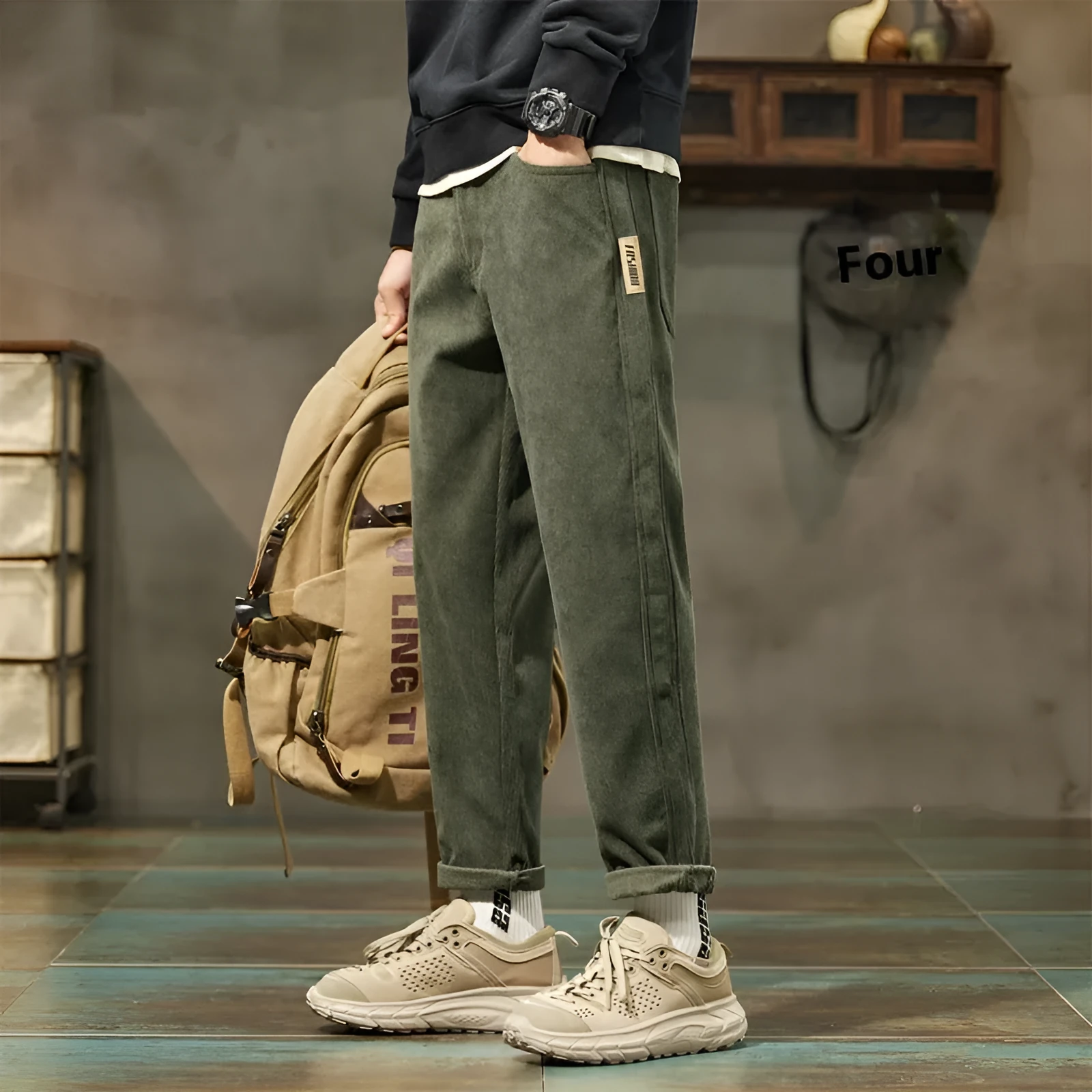 Men's corduroy casual trousers in tapered straight-leg design with street fashion styling