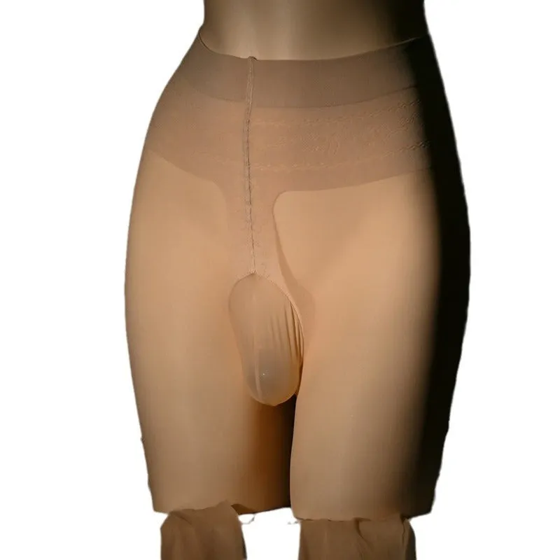 Men's transparent sheer 30D acrylic stockings showing cat scratch resistance in black, brown, gray and skin colour options.