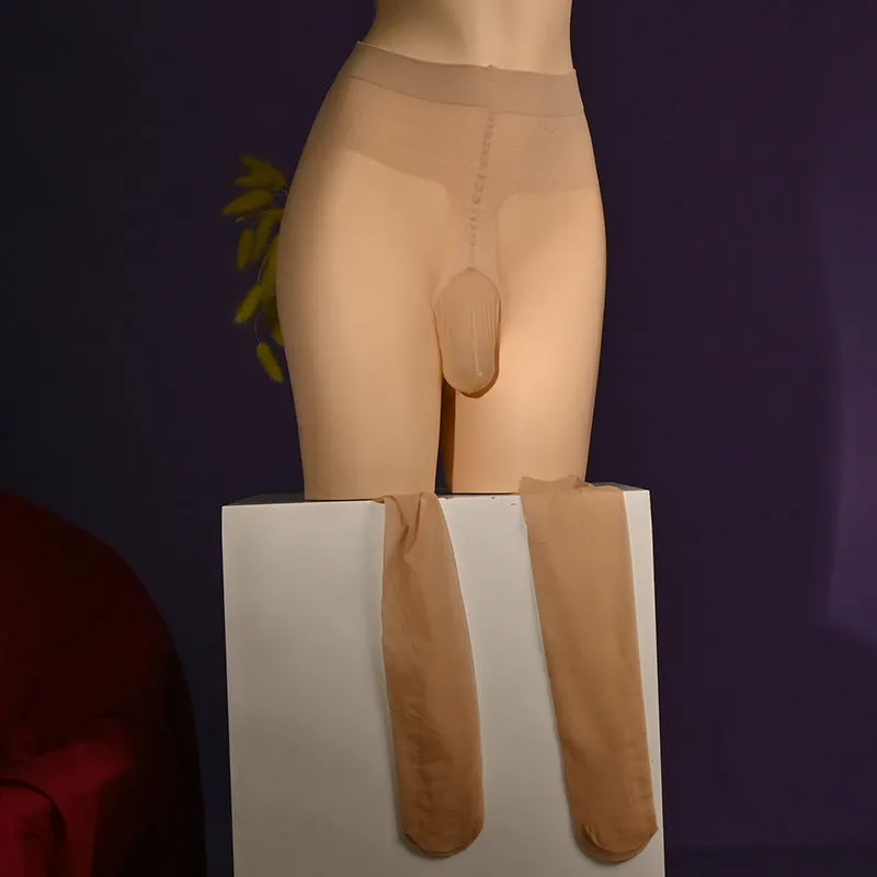 Men's transparent sheer 30D acrylic stockings showing cat scratch resistance in black, brown, gray and skin colour options.