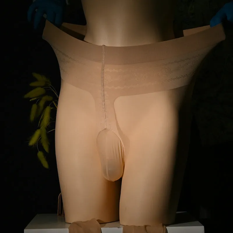 Men's transparent sheer 30D acrylic stockings showing cat scratch resistance in black, brown, gray and skin colour options.
