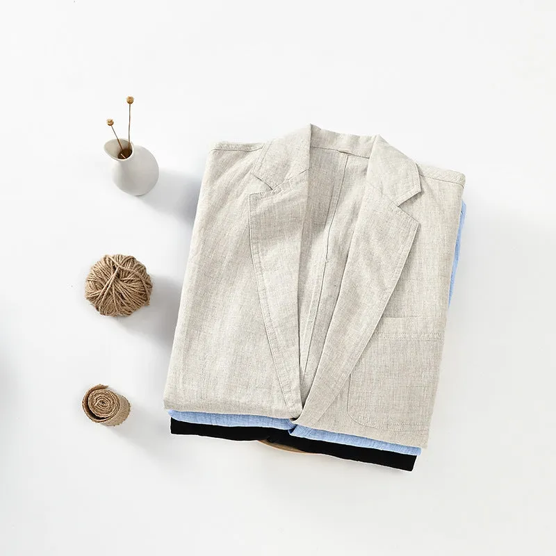 Men's thin solid colour linen coat with stick pockets on a hanger.