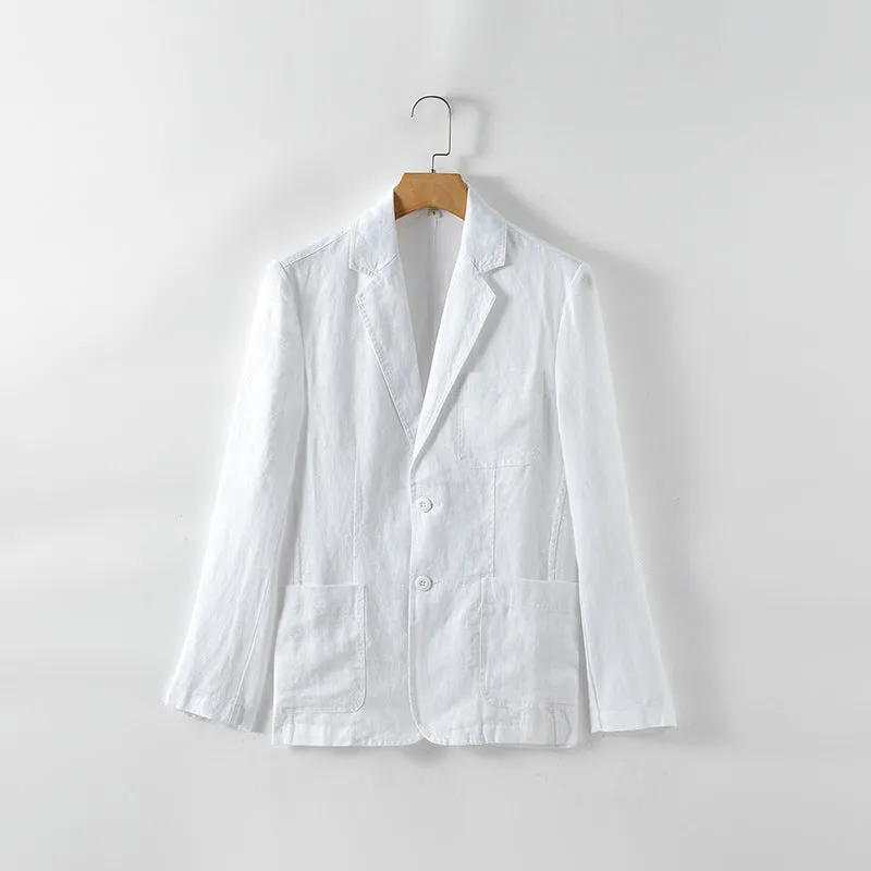 Men's thin solid colour linen coat with stick pockets on a hanger.
