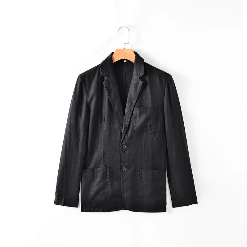 Men's thin solid colour linen coat with stick pockets on a hanger.