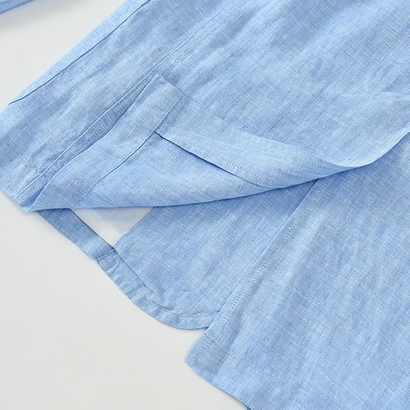 Men's thin solid colour linen coat with stick pockets on a hanger.