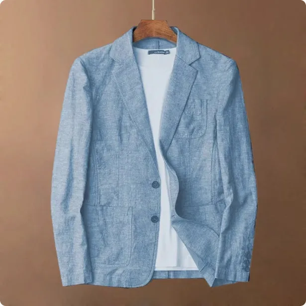 Men's thin solid colour linen coat with stick pockets on a hanger.