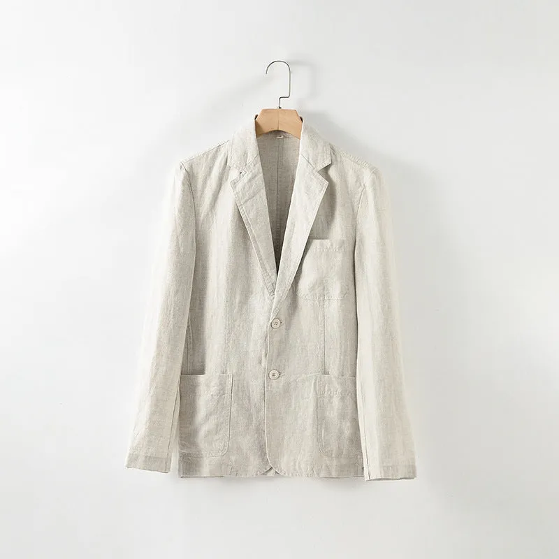 Men's thin solid colour linen coat with stick pockets on a hanger.