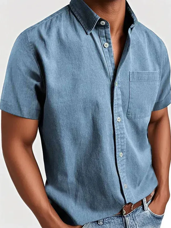 Men's solid colour short sleeve polo shirt with a chest pocket and polo collar on a hanger.