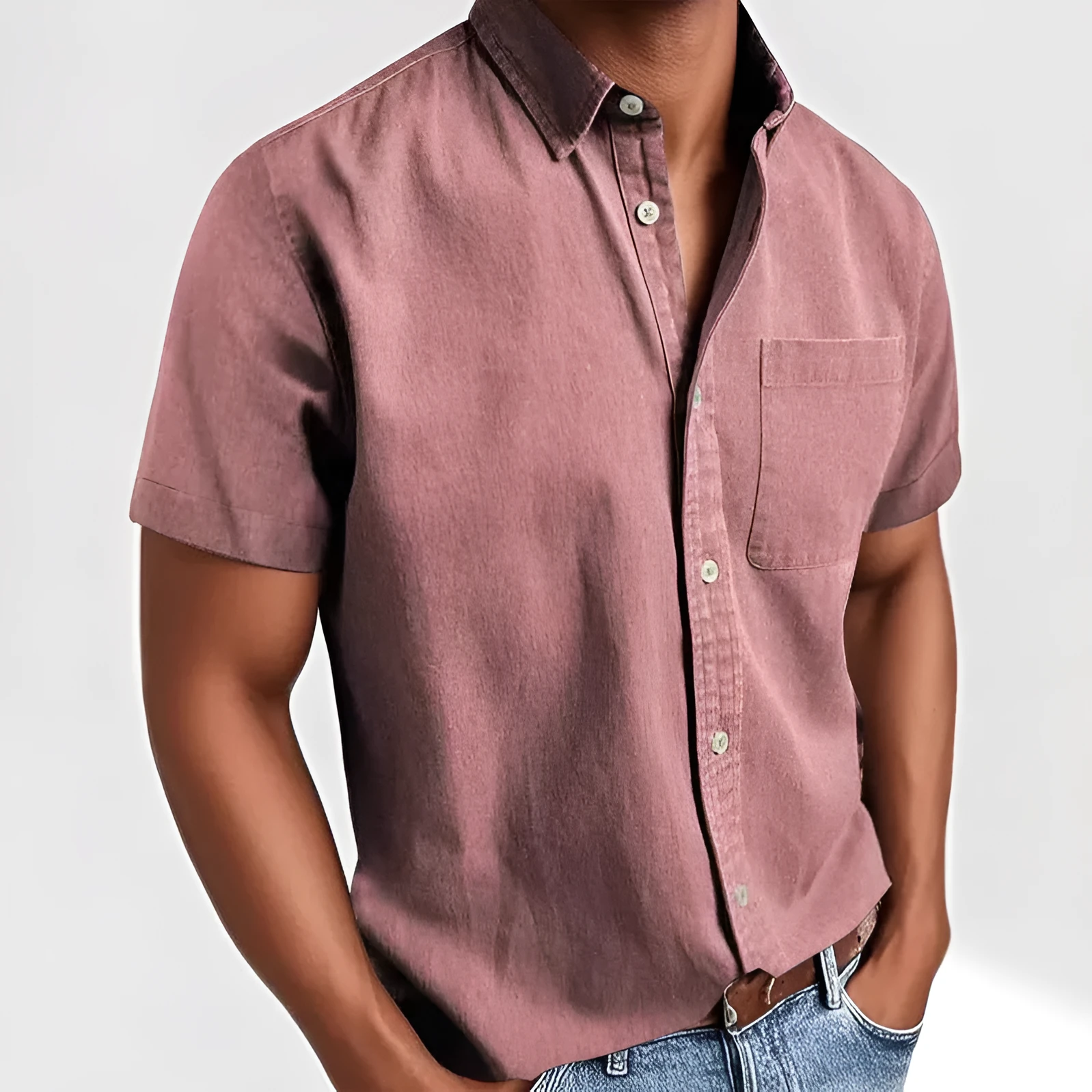 Men's solid colour short sleeve polo shirt with a chest pocket and polo collar on a hanger.