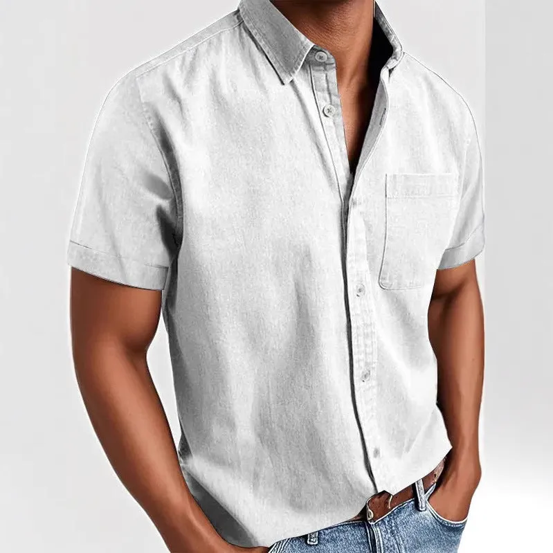 Men's solid colour short sleeve polo shirt with a chest pocket and polo collar on a hanger.