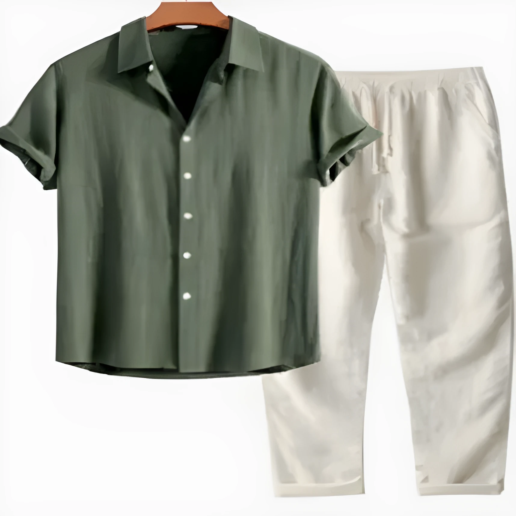Men's slim fit floral print casual suit with cardigan-style shirt and trousers.