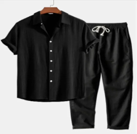 Men's slim fit floral print casual suit with cardigan-style shirt and trousers.