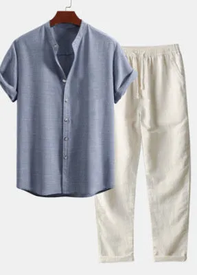 Men's slim fit floral print casual suit with cardigan-style shirt and trousers.