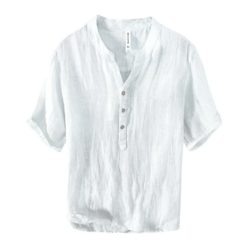 Men's grey linen short sleeve pullover top on a hanger