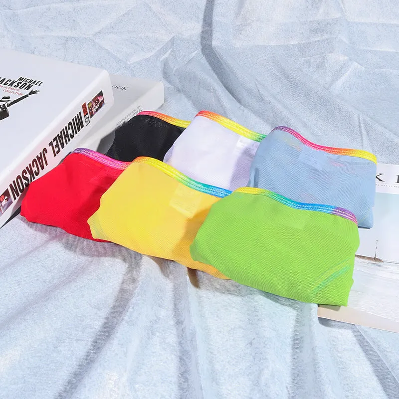 Transparent mesh quick-drying briefs in six colour options on size chart