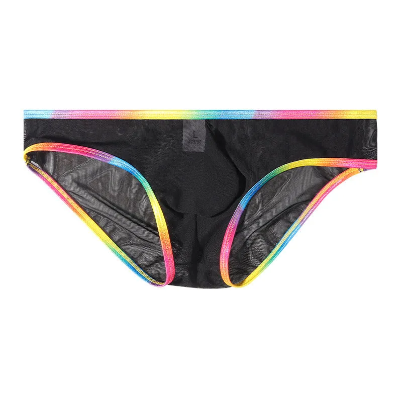Transparent mesh quick-drying briefs in six colour options on size chart