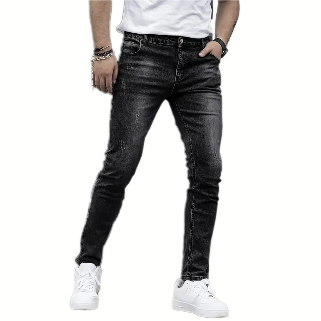 Men's straight leg stretch jeans in black, dark blue and grey solid colours with skinny fit