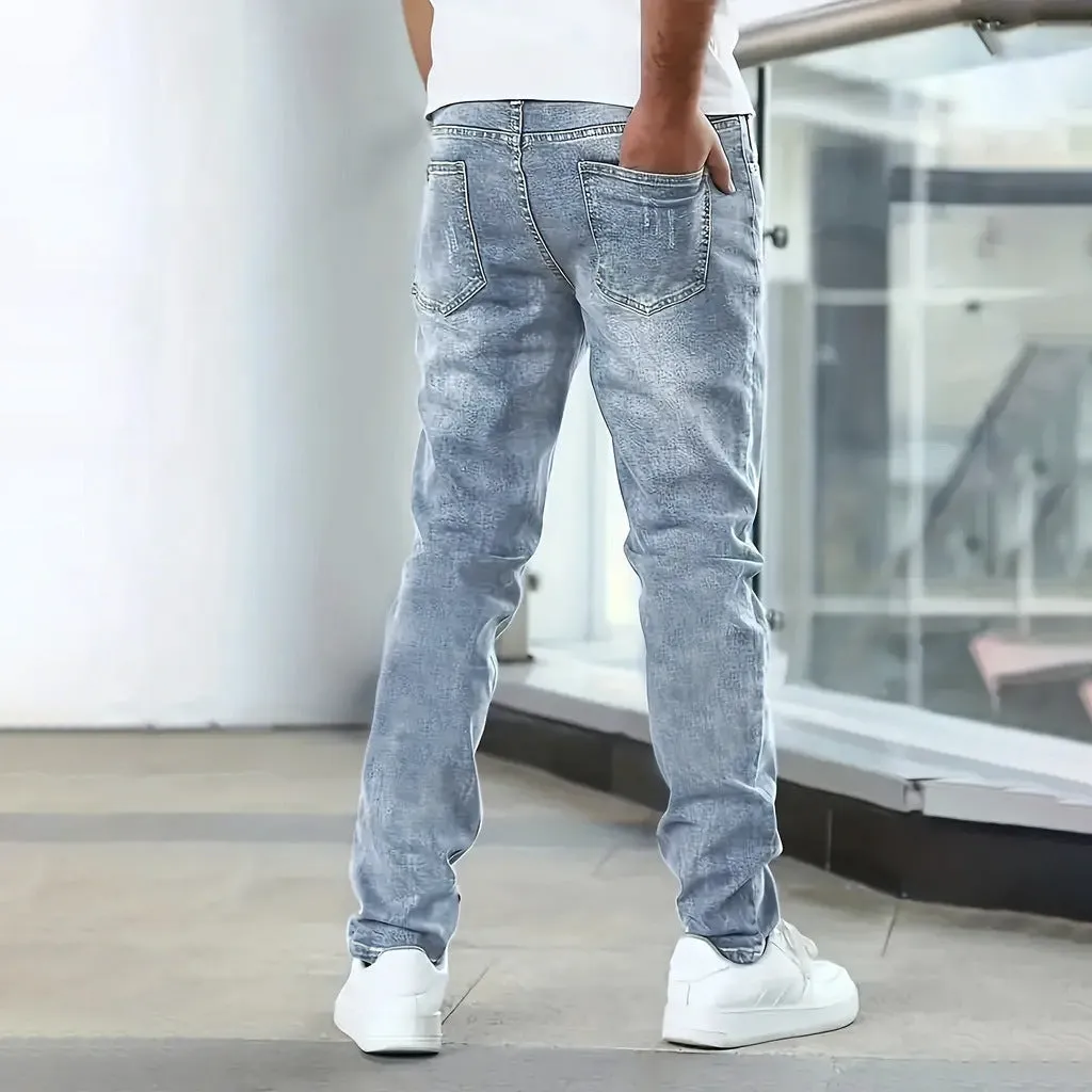 Men's straight leg stretch jeans in black, dark blue and grey solid colours with skinny fit