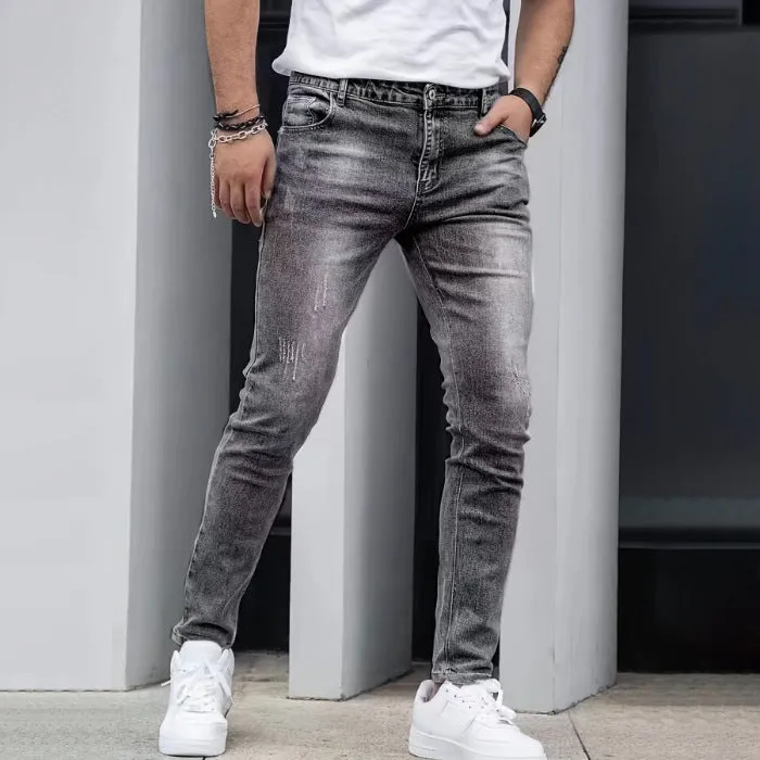 Men's straight leg stretch jeans in black, dark blue and grey solid colours with skinny fit