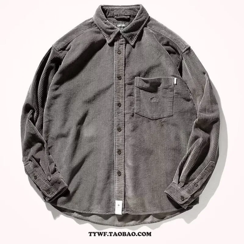 Man wearing a loose caramel corduroy long sleeve cardigan-style shirt