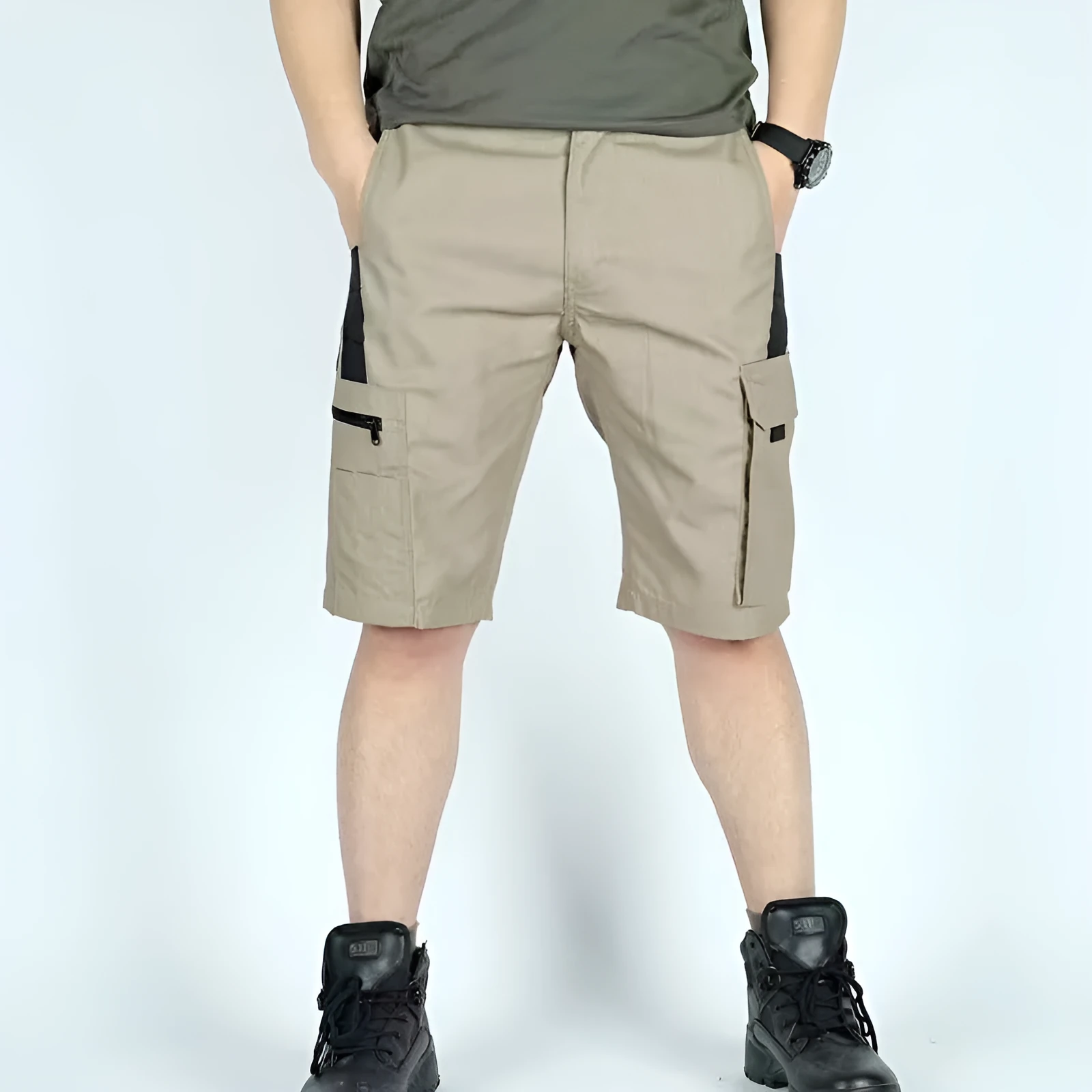 Adult elastic waist camouflage cargo shorts shown in multiple colour options including CP camo and dark night patterns