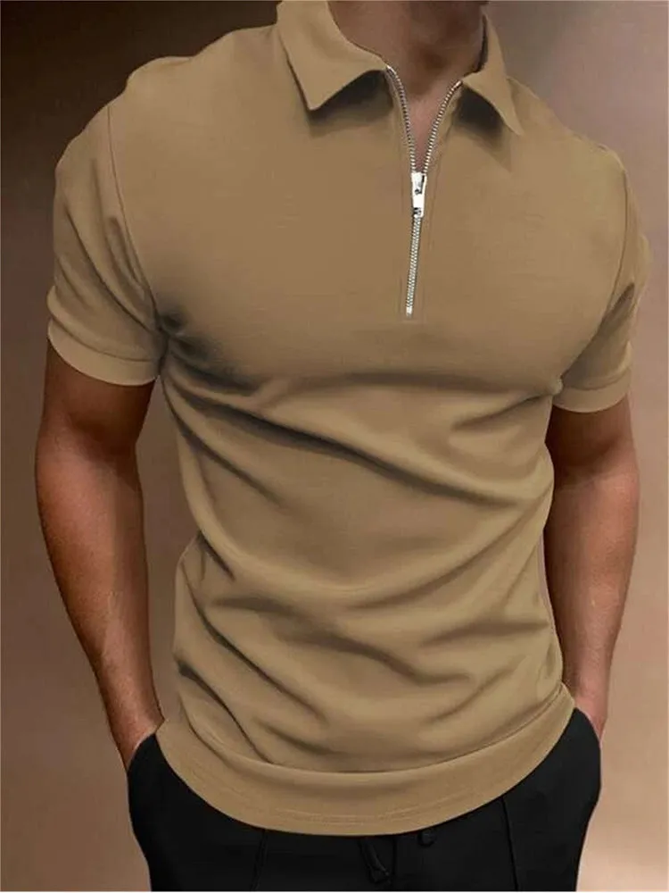 Man wearing a loose-fit navy blue polyester polo shirt for casual leisure wear