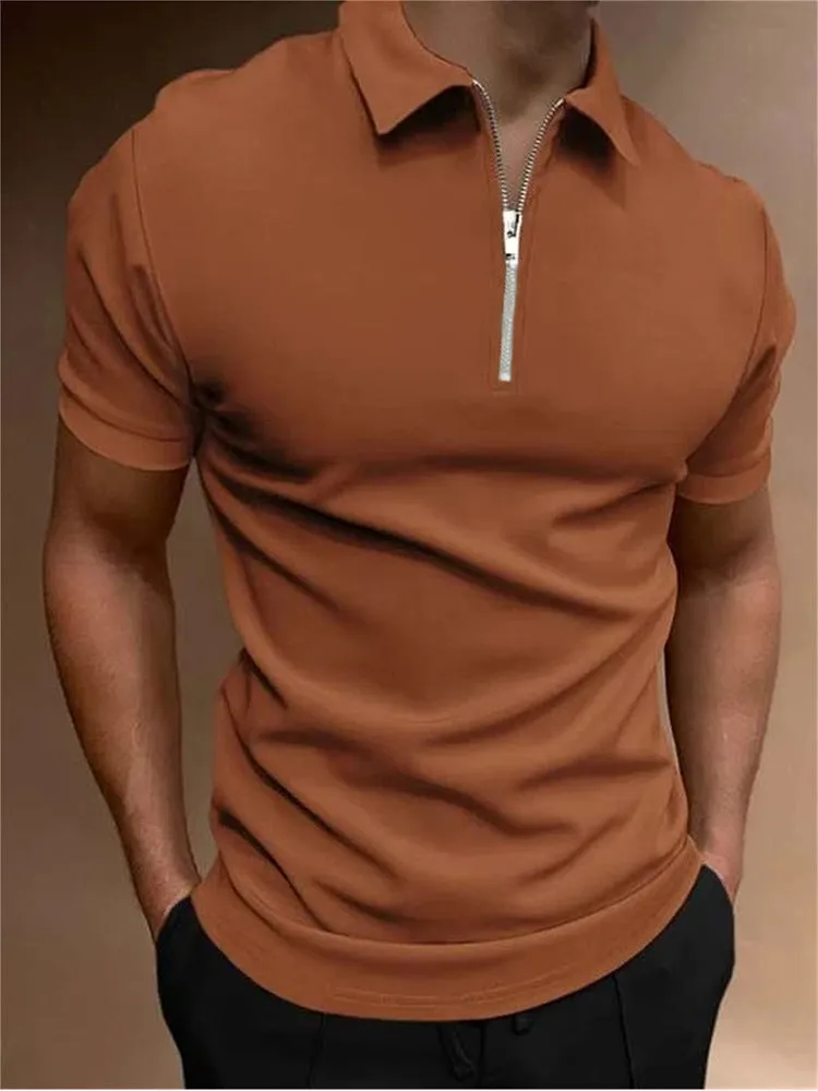 Man wearing a loose-fit navy blue polyester polo shirt for casual leisure wear