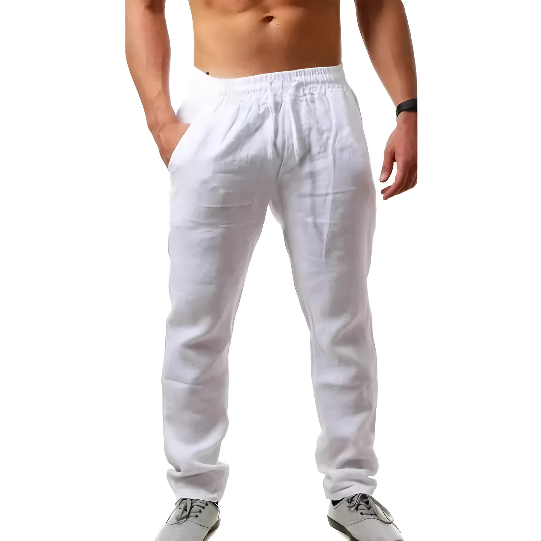 Men's loose-fitting cotton beach pants in khaki colour on a casual background.