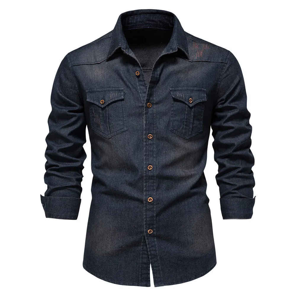 Men's slim fit long-sleeved denim shirt in cotton, shown in a solid colour.