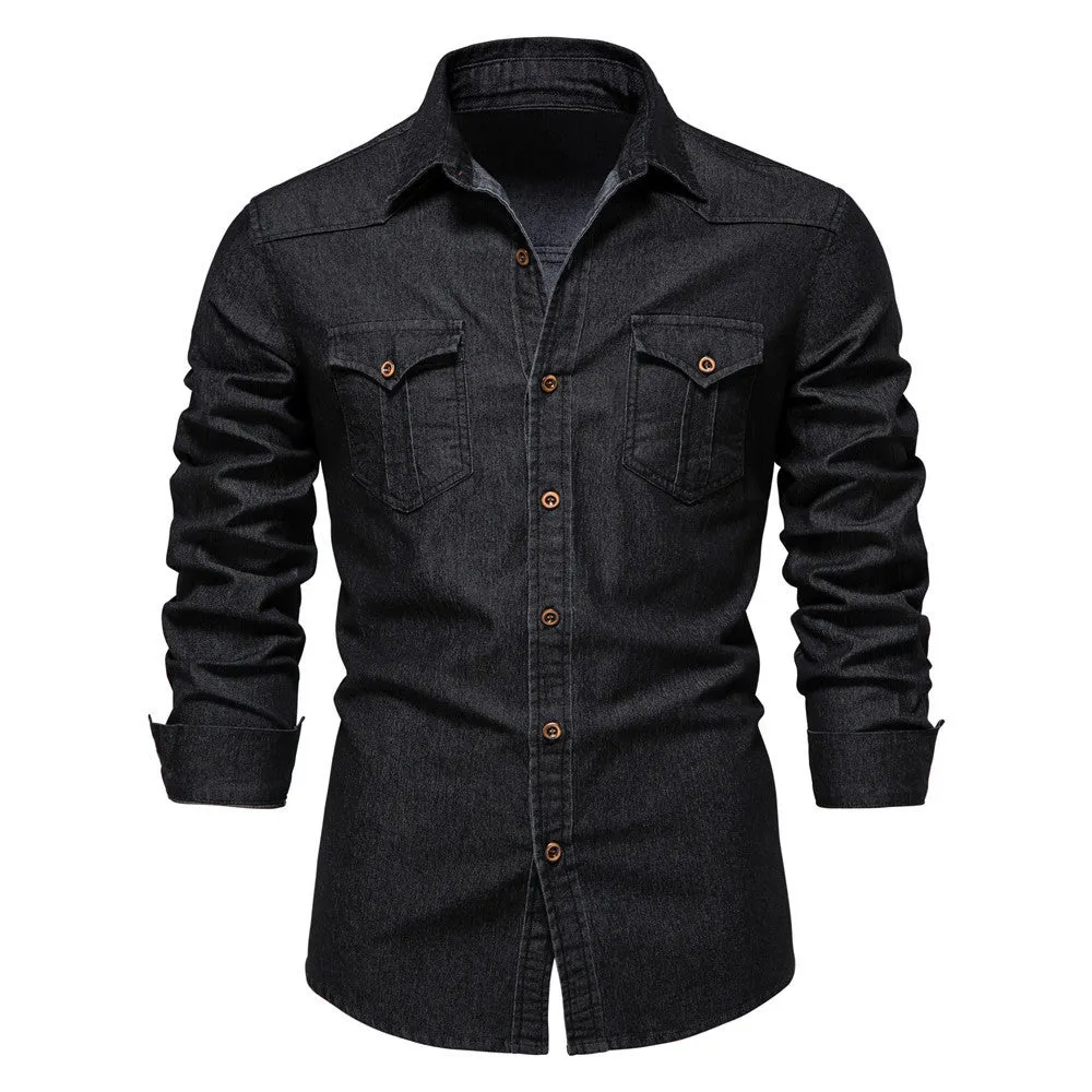 Men's slim fit long-sleeved denim shirt in cotton, shown in a solid colour.