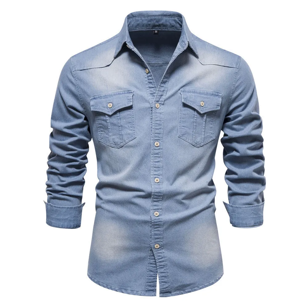 Men's slim fit long-sleeved denim shirt in cotton, shown in a solid colour.