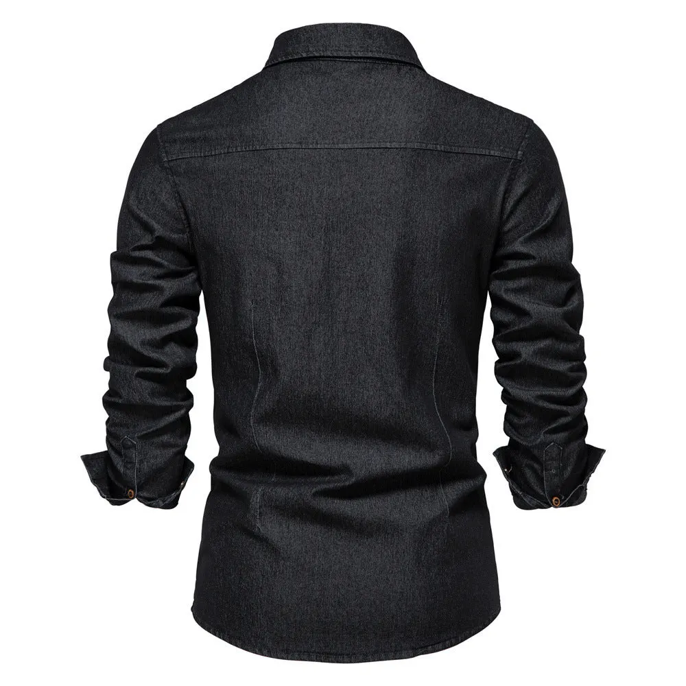 Men's slim fit long-sleeved denim shirt in cotton, shown in a solid colour.