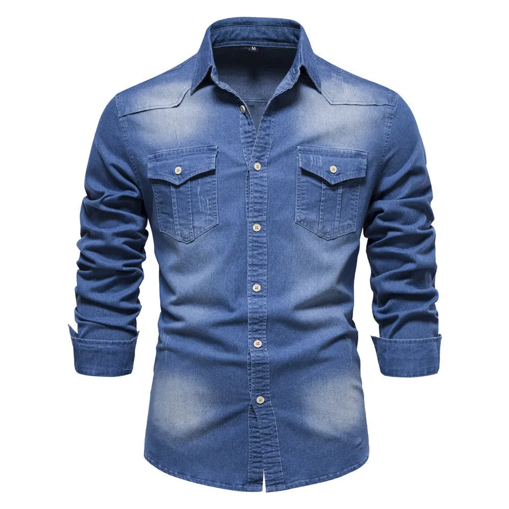 Men's slim fit long-sleeved denim shirt in cotton, shown in a solid colour.