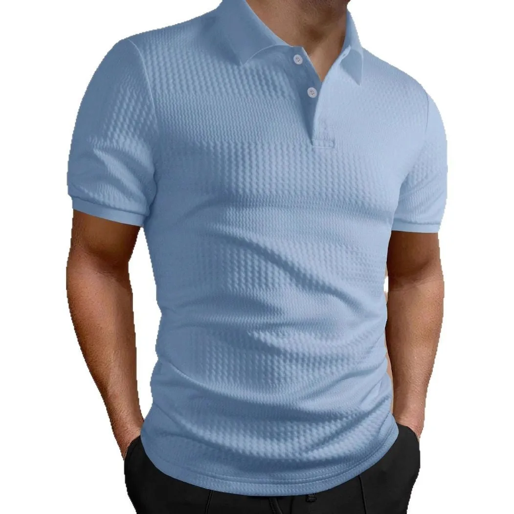 Man wearing a loose fit striped polo shirt in a light blue colour with an asymmetric design detail.