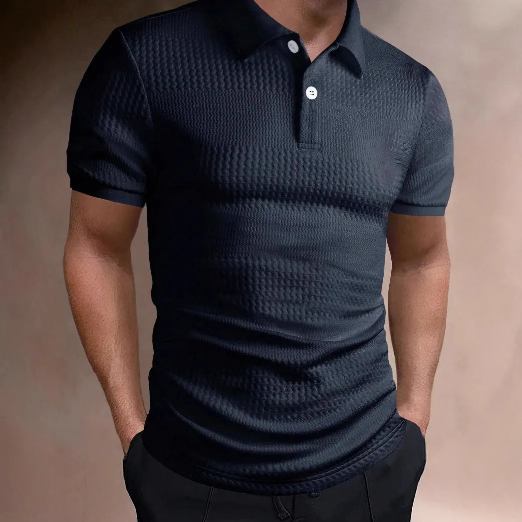 Man wearing a loose fit striped polo shirt in a light blue colour with an asymmetric design detail.