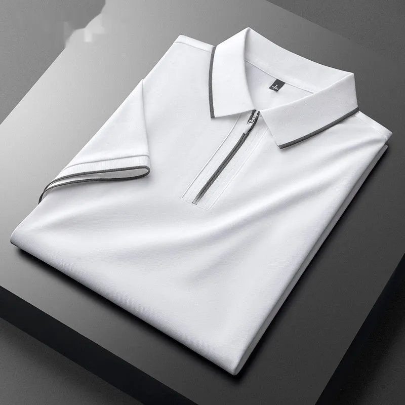 Men's slim fit lapel short sleeve shirt in cotton blend fabric on a hanger