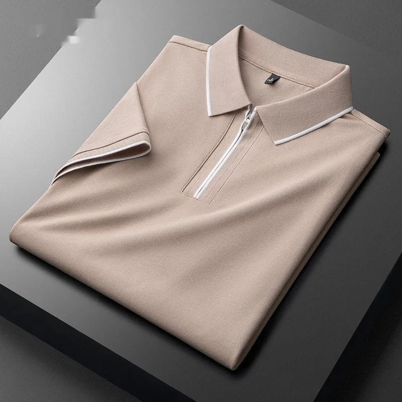 Men's slim fit lapel short sleeve shirt in cotton blend fabric on a hanger