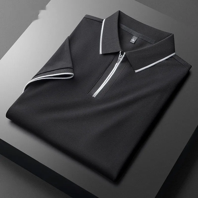 Men's slim fit lapel short sleeve shirt in cotton blend fabric on a hanger