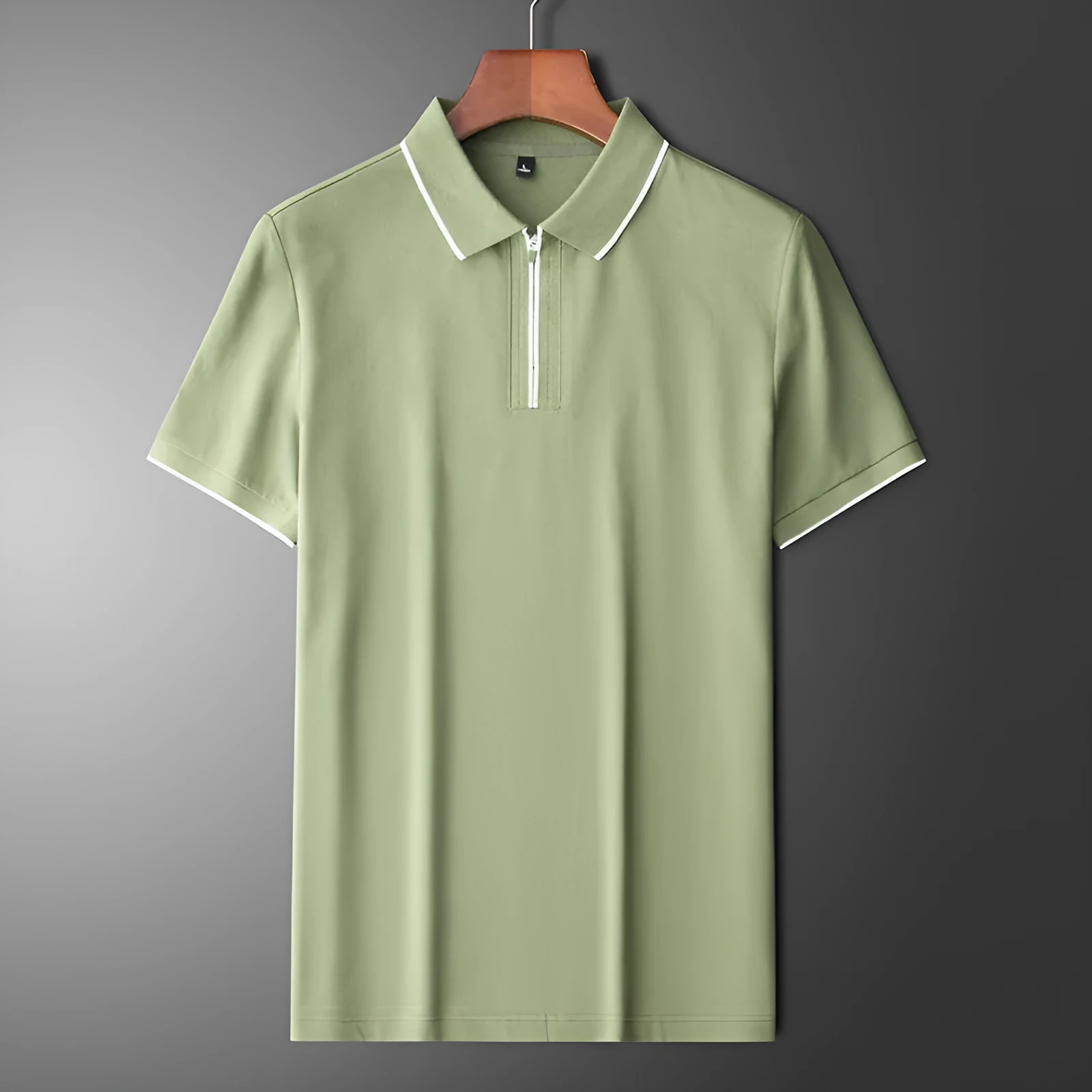 Men's slim fit lapel short sleeve shirt in cotton blend fabric on a hanger