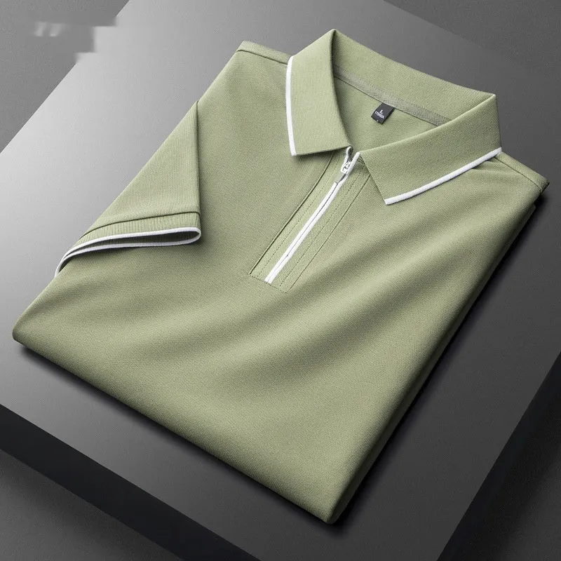 Men's slim fit lapel short sleeve shirt in cotton blend fabric on a hanger
