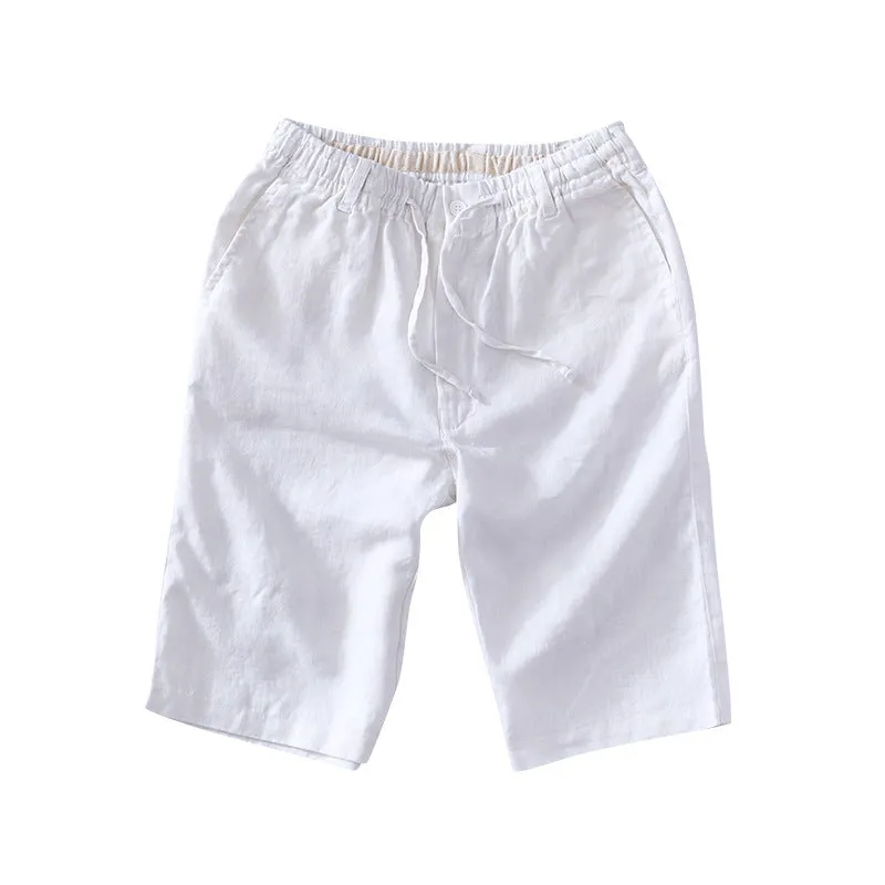 Men's light grey linen capris with straight-leg loose fit on hanger